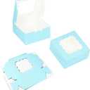Bakepacker 60pcs Light Blue Cookie Boxes 6x6x3 inches Easy Assemble Macaroon Pastry Boxes Bakery Boxes with Window for Bakery