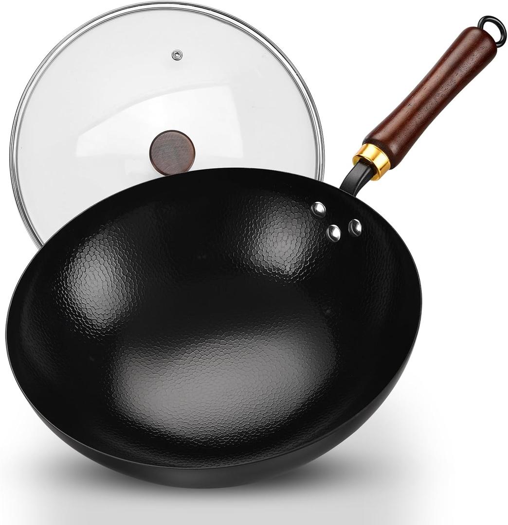 Carbon Steel Wok Pan, 12.6-Inch Nonstick Pre-Seasoned Woks & Stir-Fry Pans with Glass Lid, No Chemical Coated Wok Round Bottom Hand Hammered Chinese Wok for Induction, Gas, Electric & All Stoves