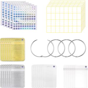 200 Pieces Diamond Painting Accessories Diamond Painting Tools Kit Storage Container Art Resealable Bags with 4 Round Binding Rings, 5 Sheets Number Stickers and 5 Sheets Sticker Label