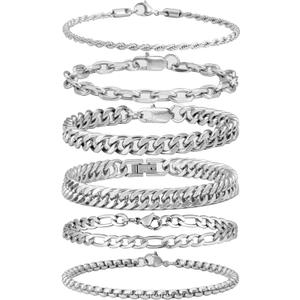 XIANNVXI 6pcs Stainless Steel Bracelets for Men Women Silver/Gold/Black Cuban Link Rope Paperclip Chain Bracelets Set 6.5/7/7.5/8.3/9 Inches Metal Bracelet Mens Fashion Accessories Jewelry Set