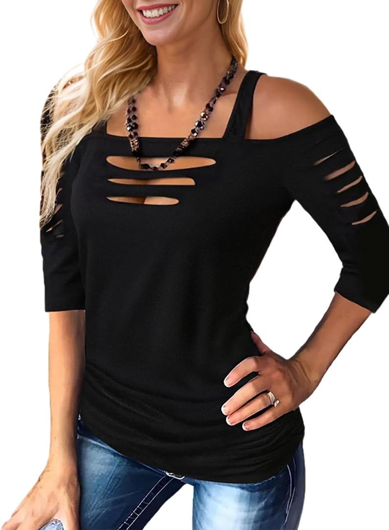 Sexy Cut Out Cold Off Shoulder Tops for Women T-Shirt Distressed Half Sleeve Square Neck Blouse Summer Rock Tee (Large, Black)