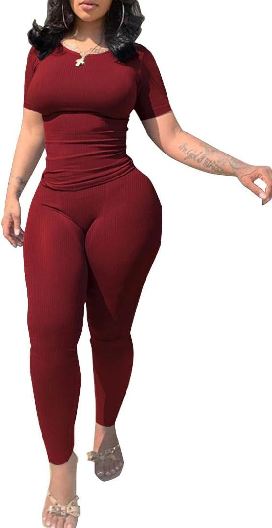PINSV 2 Piece Sets for Women Summer Casual Jogger Workout Outfits Fitted Crew Neck T-shirt High Waist Legging Sets (Large, Wine Red)