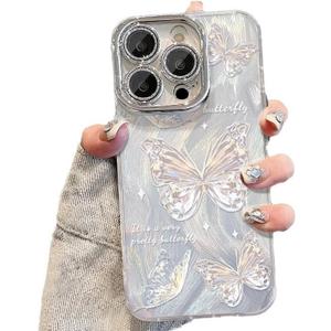 Case for iPhone 15 Pro, Built-in Glitter Camera Lens Cover, Shiny Silver Colorful Butterfly Design for Women Girls, Cute Slim Soft TPU Edge Shockproof Protective Phone Cases 6.1 Inch