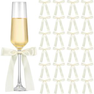 24 Pack Bows for Wine Glass Candle Holder 6.7 x 4 Inch Bow Candlestick Champagne Glass Ribbon Self Adhesive Tag Name Marker for Wedding Anniversary Party Gift Decor(Ivory White)