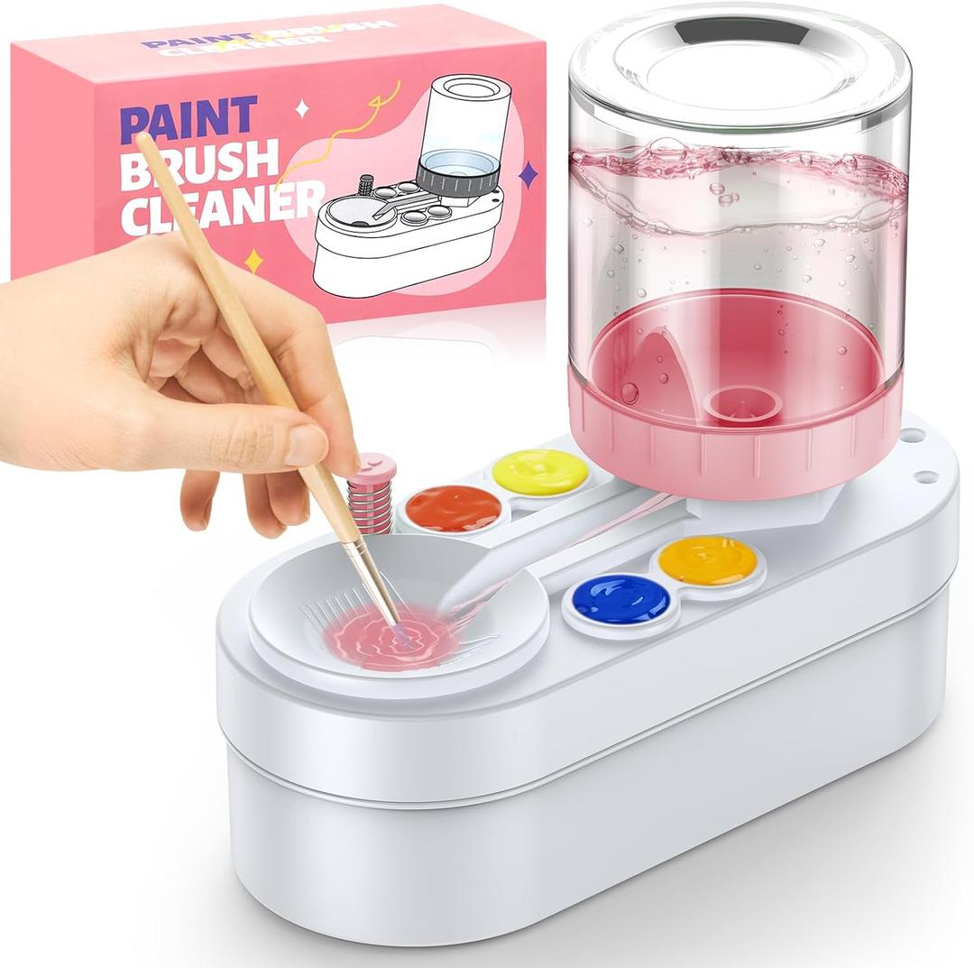 2026 Upgraded Paint Brush Cleaner Tool: Paint Station for Kids Girls, Artist Supplies, Oil Acrylic Paint Brush Water Dispenser, Easter Birthday Gifts for Girls&Artists (White Pink)