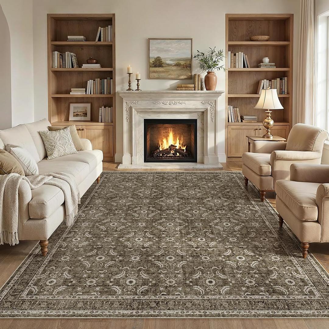 WITSHOCK 9x12 Area Rugs for Living Room: Washable Rugs Vintage Large Carpet for Bedroom Office Dining Room Nursery, Non Slip Stain Resistant Soft Thin Retro Floral Rug, Dark Brown