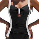 popvil Women One Piece Swimsuit 2026 Tummy Control Bathing Suit Slimming Neon Shapewear Swimwear (Large, Black&beige)