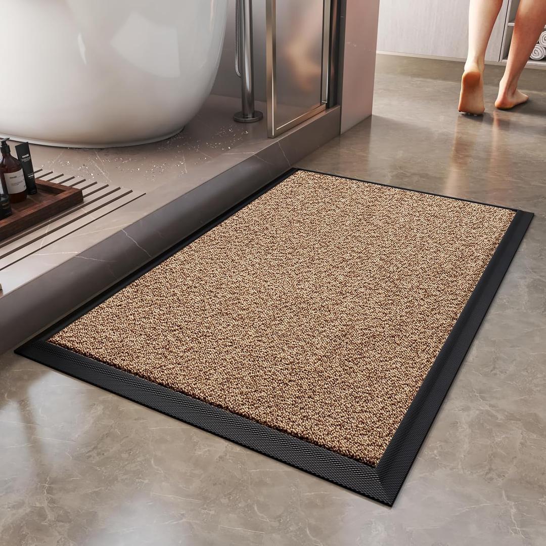 Non Slip Bath Mat, Heavy Duty Absorbent Quick Dry Bathroom Rugs, Upgrade Rubber Ddging Washable Bathroom Floor Mats Fit Under Door Bathtub Shower Room, Brown 24x16