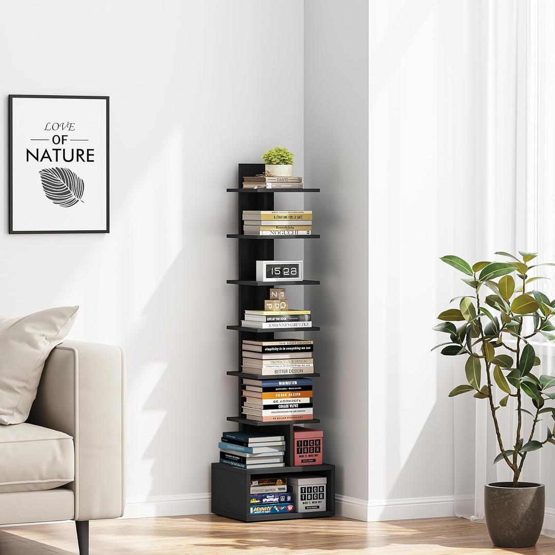 TUTOTAK Narrow Bookshelf, Vertical 8-Tier Bookcase, Spine Book Shelf for Small Space, Small Standing Shelf for Living Room, Office, Study, Entryway, Black BS07BK008 (8 Tier with 1 Cube)