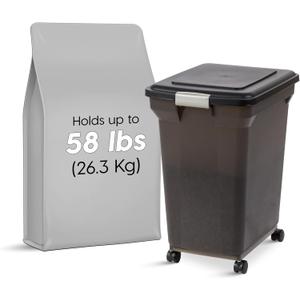 IRIS USA WeatherPro Airtight Dog Food Storage Container, Up to 58 lbs, Attachable Wheels, For Dog Cat Bird and Other Pet Food Storage Bin, Keep Fresh, Easy Mobility, BPA Free, Smoke