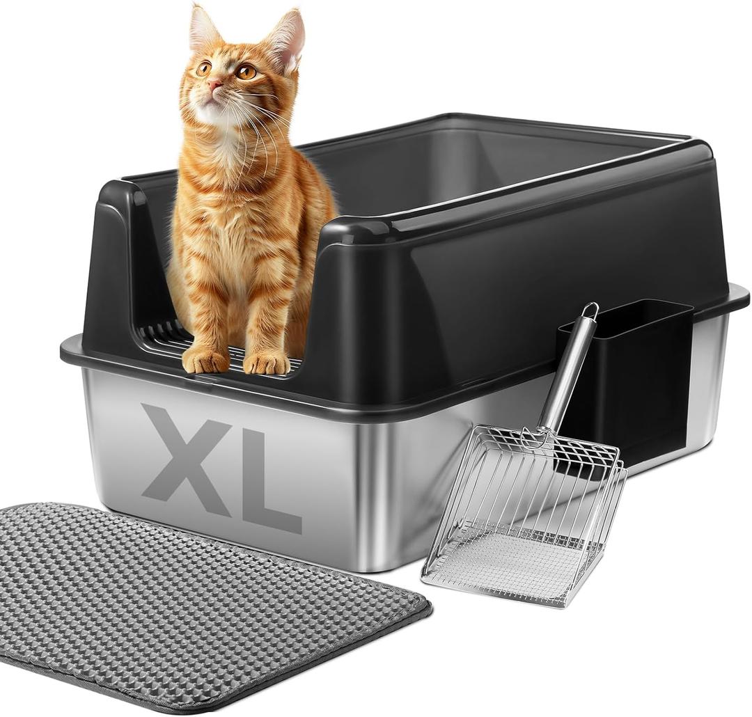 Marchul Stainless Steel Cat Litter Box with High Walls & Metal Scoop/Mat/Scoop Holder, XL Large for Multi-Cat Homes, Anti-Urine Leakage for Heavy Flow Cats (Open)