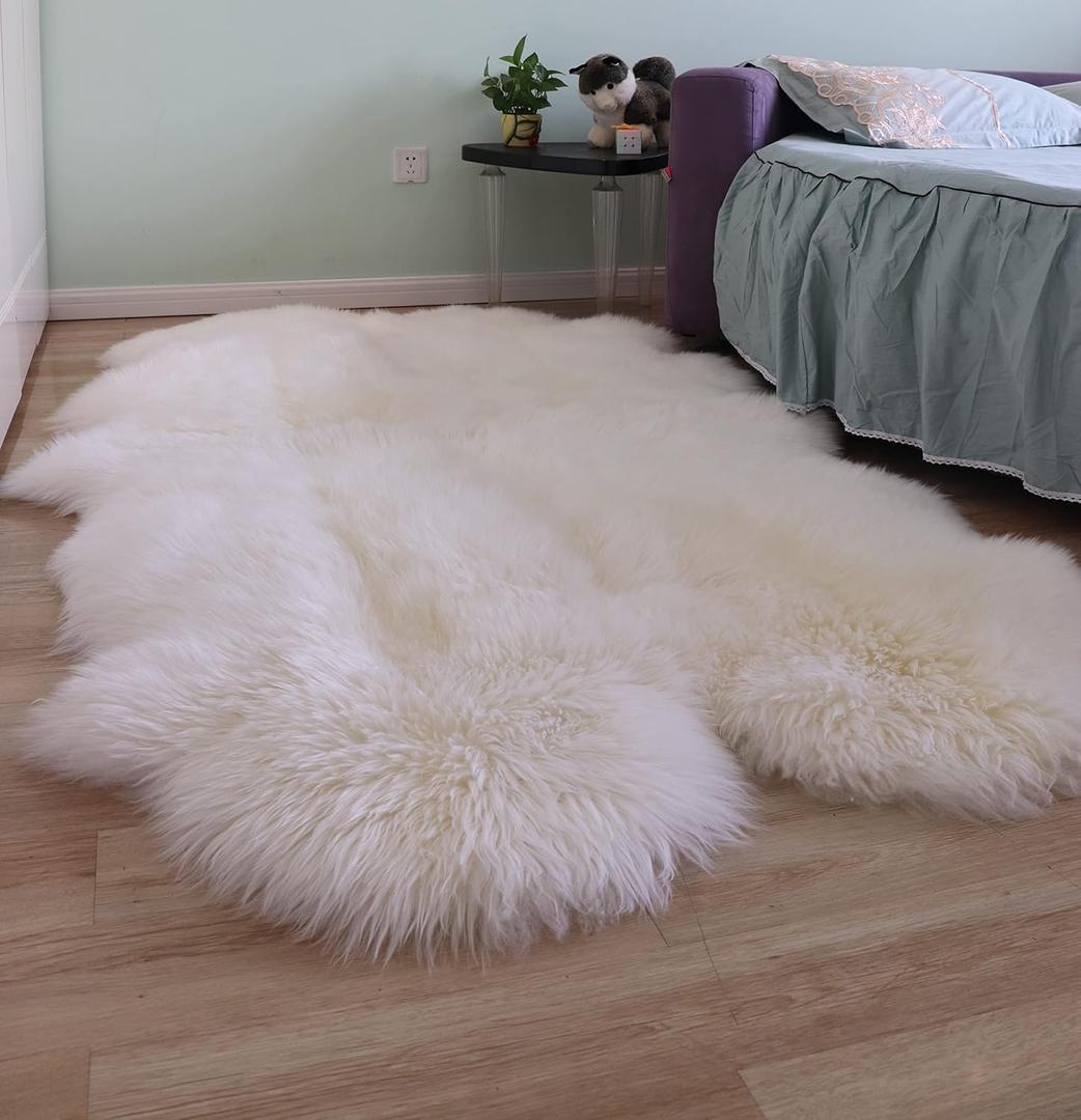Woolous Sheepskin Rug 4x6 ft - Large Genuine New Zealand Lambskin Wool Quad Pelt Sheep Skin Fur Throw Area Rug for Nursery, Bedroom, and Living Room Decor (Ivory-White)