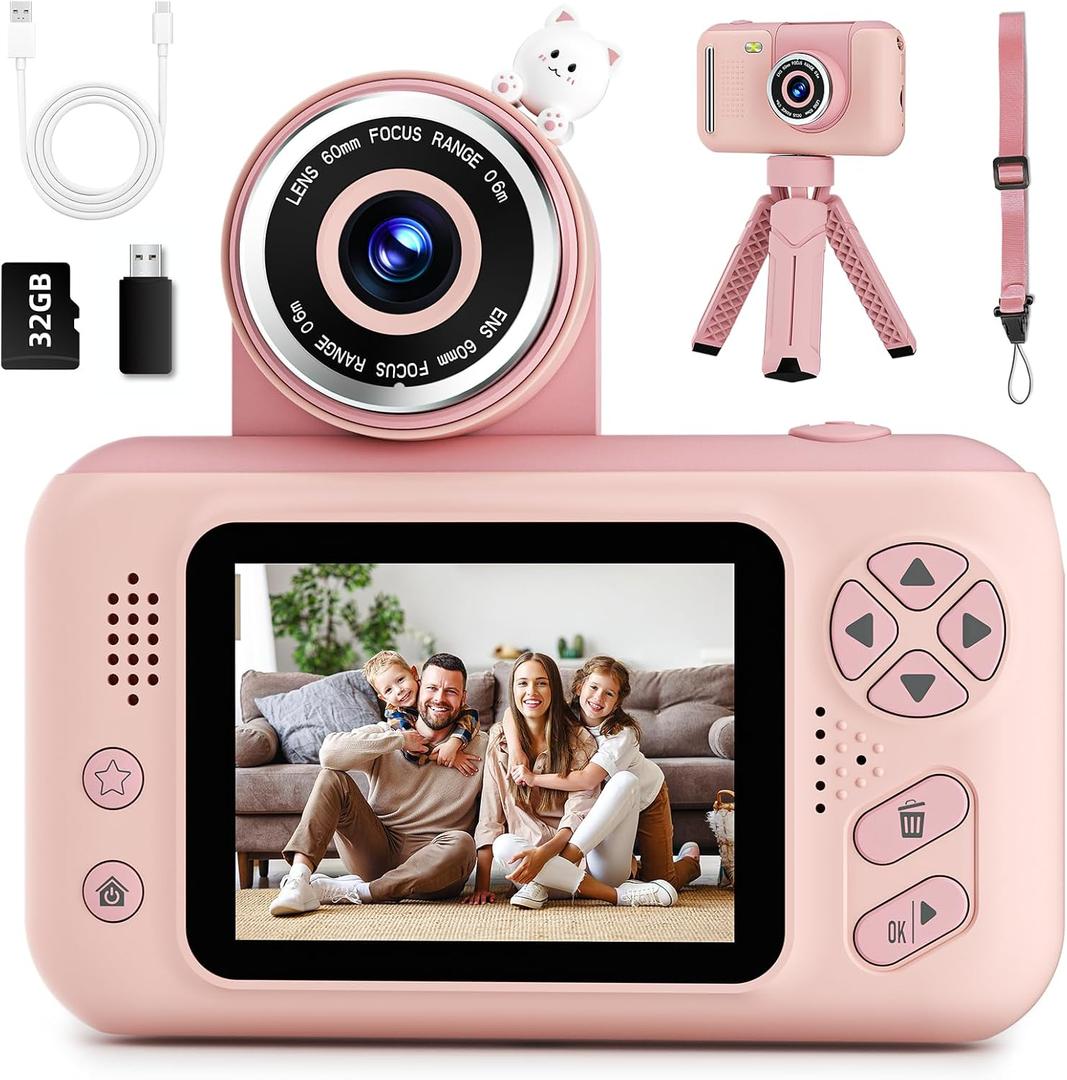 Makolle Kids Camera Toys for Girls 3-12 Year Old,Toddler HD Digital Video Camcorder Camera with Tripod,Children Chritmas Birthday Gift with 32GB SD Card-Pink