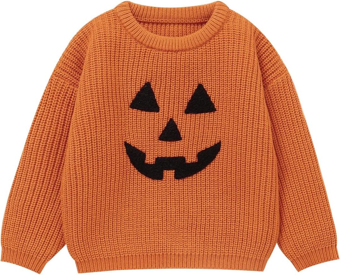 Toddler Girl/Boy Halloween Sweater Pumpkin Smile Embroidery Sweater Knitted Pullover Fall Winter Clothes (18-24 Months, Unsex-orange)