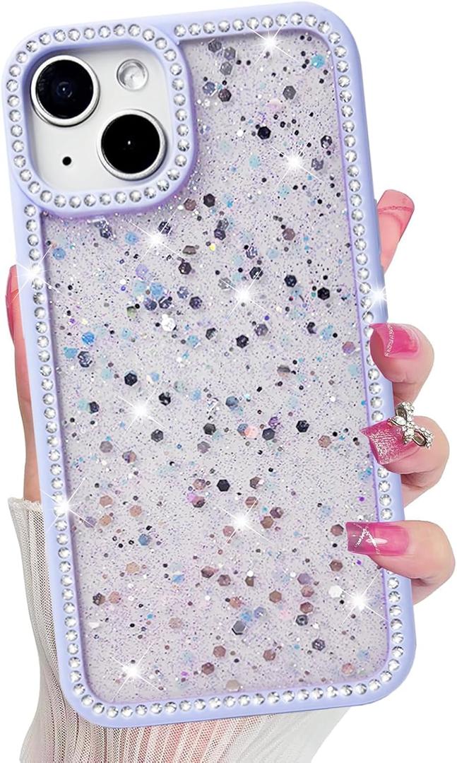 for iPhone 13 Case, Sparkly Crystal Diamonds Rhinestone Border with Shiny Glitter Sequins Phone Cover for Women Girls, Transparent TPU Bling Slim Protective Case for iPhone 13