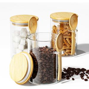 Coffee Sugar Container Salts Jars - 15oz Glass Airtight Caning with Bamboo Lids and Spoons Scoop, Storage Overnight Oats, Spice, Creamer, Food Organizer, Set of 3