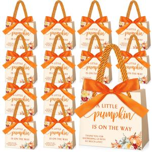 Kolldenn 25 Set Little Pumpkin Gift Bags Bulk a Little Pumpkin Is on The Way Baby Shower Goodies Bags with Handles and Bow Ribbon for Fall Baby Shower Gender Reveal Party Favors