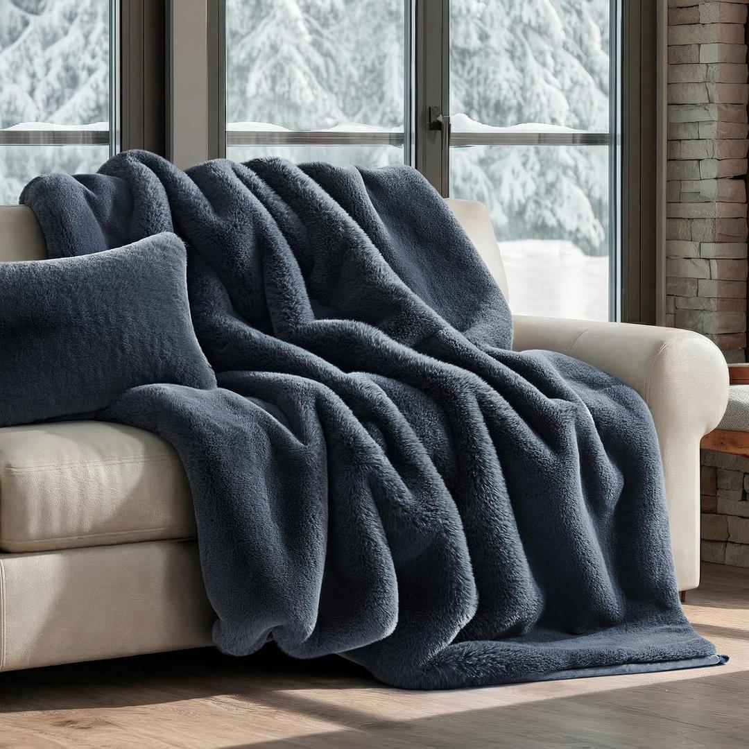 EVERGRACEHOME Luxury Soft Faux Chinchilla Fur Throw Blanket for Couch, Warm Thick Heavy Winter Throw Blanket 1220GSM for Bed, Fluffy Cozy Mink Blanket with Reversible Velvet, Stormy Blue Mink, 60"x80"