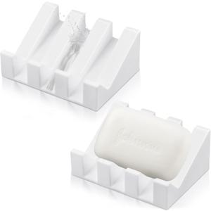 Cunhill 2 Pieces Silicone Soap Dish Self Draining Soap Dish Shower Waterfall Bar Soap Holder Tray with Drain Soap Saver for Kitchen Bathroom Accessories (Bright White)