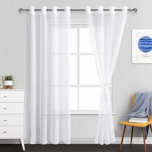 JIUZHEN White Sheer Curtains 84 Inches Long - Grommet Semi Transparent Light Filtering Window Drapes for Bedroom Living Room, 52Wx 84L, Set of 2 with Tiebacks (52"W x 84"L (Pack of 2))