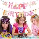 4PCS Princess Happy Birthday Banners  Pink & Gold Fairy Tale Decorations with Castles, Dresses, Crowns & Carriages for Birthday Party