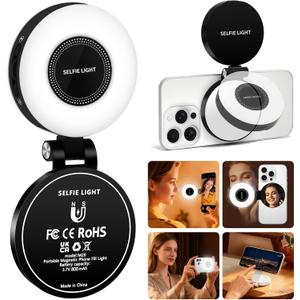 Magnetic Selfie Light for MagSafe iPhone: 3 Light Modes, Rechargeable 360 Rotatable LED Phone Ring Fill Light with Mirror for Photography, Makeup, TikTok, Zoom, Video Conference, Black (Small)