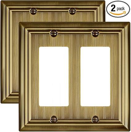 2-Pack Antique Brass Double Outlet Cover Plates, 2 Gang Metal Wall Plates for Electrical Outlets, GFCI, Dimmer Switch, Classic Beadboard Design, 4.96''*4.88'', Midsize, 2 Decorator 2PK