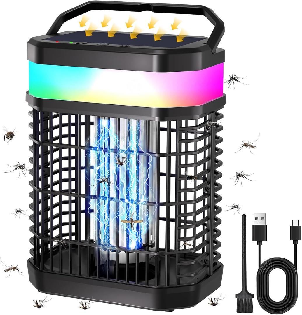 Solar Bug Zapper Outdoor, 4 in 1 Portable & Rechargeable Bug Zapper Outdoor with 5000mAH Battery, 4000V Mosquito Zapper Waterproof with LED Night Light, for Camping, Patio, Backyard