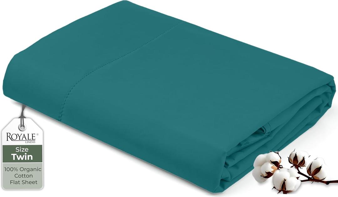 Royale Linens 100% Organic Cotton Twin Flat Sheet Only - Super Soft - Percale Top Sheets - Twin Flat Sheet Sold Separately - Breathable, Cool & Crisp Sheets Only (66" x 96", Teal)