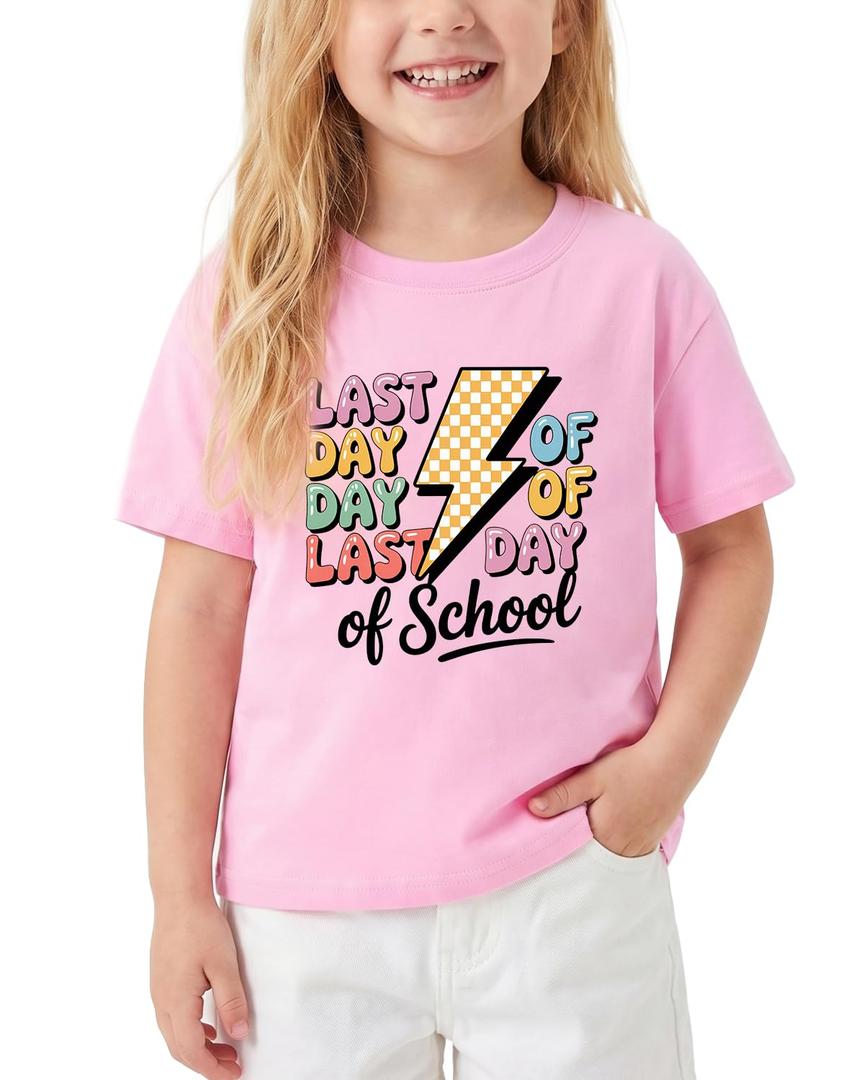 Happy Funny Last Day of School T-Shirt for Kids Toddler Girls Boys Short Sleeve Tee Cotton 2-8T (Pink)