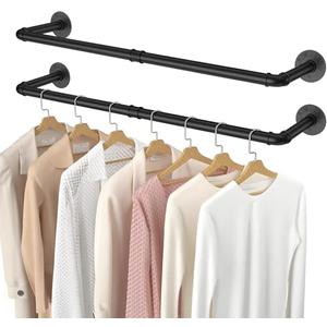 2 Pack Wall Mounted Clothes Rack, Black Industrial Pipe Clothing Rack 38.4IN,Heavy Duty Iron Garment Rack Bar For Closet,Laundry Room, Multi Purpose Hanging Rod