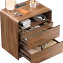 23.8" Modern Nightstand with Hidden Drawers Walnut Night Stand with Charger Station Mid Century Bedside Table Curved Wood Side Table for Bedroom Dorm