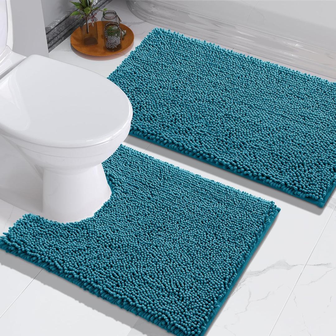 Yimobra Chenille Bathroom Rugs Set U-Shape, Luxury Thick Absorbent Plush Rugs, Soft Shaggy Bath Floor Mats, Non Slip, Machine Washable(31.5 x 19.8 + 24 x 19.5 Inches,Peacock Blue)