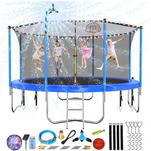 Lyromix Upgraded Trampoline with Lights, Large Outdoor Trampoline with Sprinkler,Basketball Hoop and Net, Capacity for 5-8 Kids and Adults
