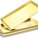 ZENFUN 3 Pack 304 Stainless Steel Serving Platters, 12.6" Rectangle Metal Dinner Plates with Handles, Decorative Organizer Trays for BBQ, Dining, Party, Buffet, Appetizer Serving(Gold)