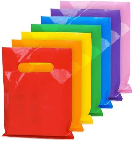 140 PCS 6" x 8" Colorful Gift Bags, 7 Bright Colors Party Favor Pouches, Reusable Plastic Goodie Bags with Handles, Small business essentials for Birthday, Christmas, Halloween, Holiday, Events