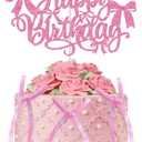 Bow Themed Happy Birthday Cake Topper Decor with 6 Pink Twist Tie Bows, 6.6 x 4 Inches Glittery Pink Bowknot Cupcake Sign Toppers Decorations for Coquette-Style Birthday Party Supplies