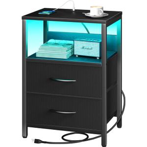 Yoobure Nightstand with Charging Station, LED Night Stand with Fabric Drawers and Storage Shelf for Bedroom, Nightstands Bedside Tables with USB Ports & Outlets, Small Night Stands, Bed Side Table (Black)