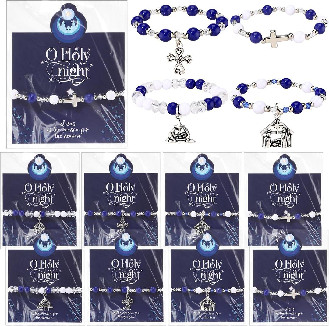 Quelay 20 Set Christmas Nativity Christian Gift Cross Nativity Scene Beaded Bracelet O Holy Night Card Bag for Silent Night Birth of Jesus Religious Xmas Church Holiday Birthday Party Favor Decoration