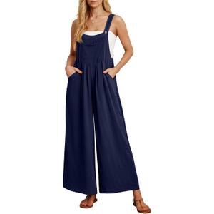 IWOLLENCE Women's Summer Jumpsuits Boho Wide Leg Overalls Casual Loose Rompers with Pockets, Navy Blue, Small