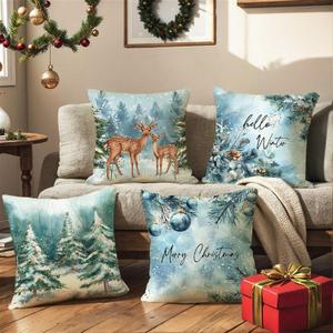 Teal Deer Christmas Throw Pillow Covers Set of 4, 18 x 18 inch Winter Xmas Decorative Cushion Covers for Sofa Couch
