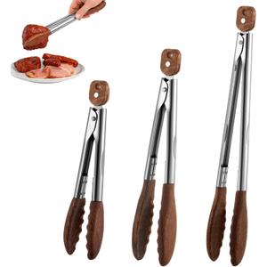 Honeydak 3 Pcs Wooden Tongs for Cooking 7" 9" 12" Wood Tip Serving Tongs with Locking for BBQ Salad Cooking and Grilling, Includes Anti-slip Handle with Hanging Hole