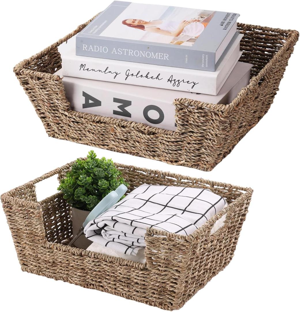 Wicker Baskets for Storage, Pantry Baskets Organization and Storage, Pantry Storage Baskets, Handwoven Baskets for Shelves, 2 Pack, Seagrass