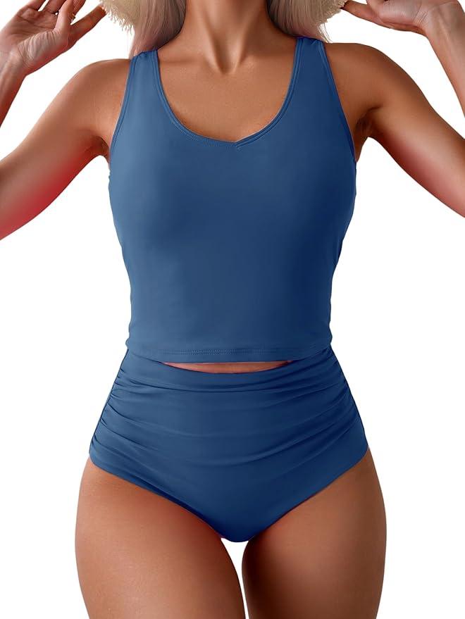 Eomenie Two Piece Tankini Swimsuits for Women Tummy Control Bathing Suits Cutout Back Swim Tank Top with High Waisted Bottom L Denim Blue