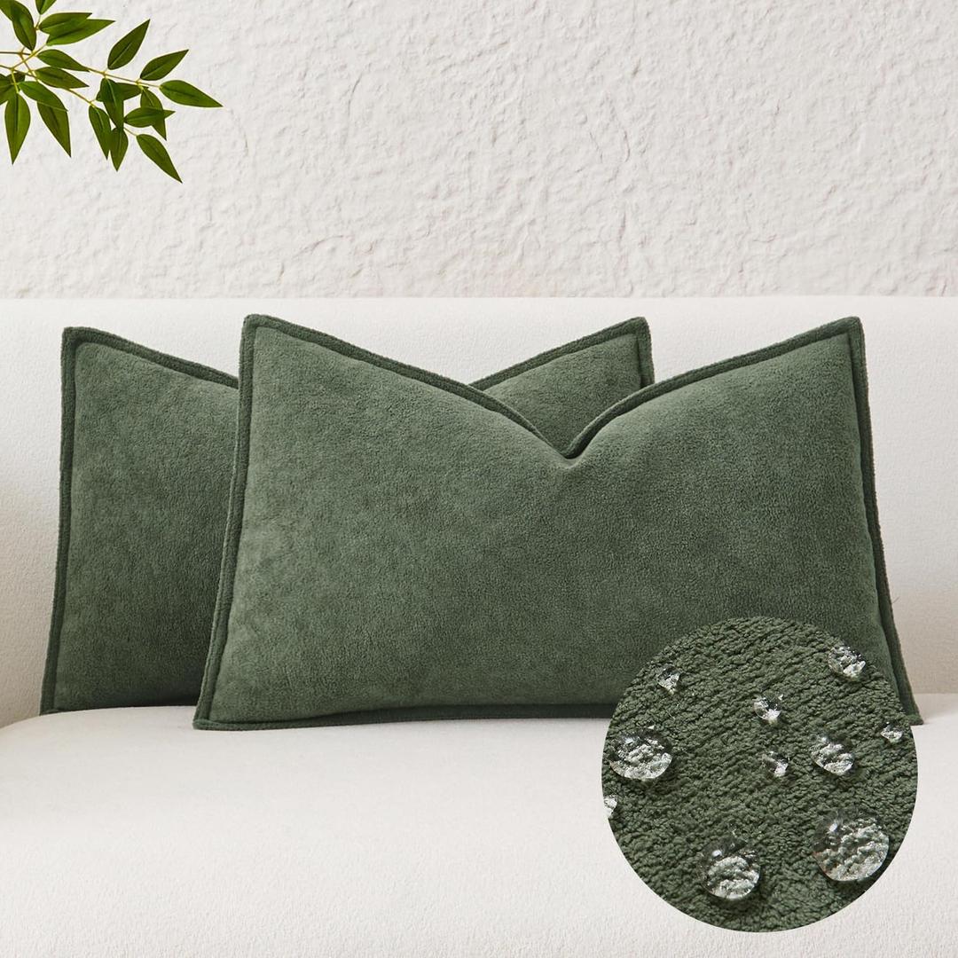 Kevin Textile Waterproof Decorative Pillow Covers Olive Green 12x20 Inch Pack of 2 Soft Boucle Textured Lumbars Cushions Elegant Accent Pillows for Couch Sofa Chair Bed Home Decor Indoor Outdoor