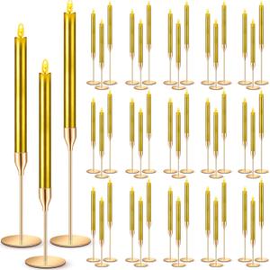 FillTouch 60 Pcs Gold Candlestick Holders with LED Flameless Candles Bulk Includes 30 Metal Candle Holders and 30 Battery Operated Candles for Wedding Table Centerpieces Home Decor(Gold)