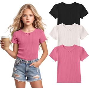 3 Pack Girl's Short Sleeve T-Shirts Cotton Ribbed Back to School Tops Crewneck Kids Puff Lettuce Trim Bow Tees