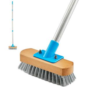 YONILL Stainless Steel Deck Scrub Brush with Long Handle - 60" Heavy Duty Floor Scrubber Brush with Pole, Moss Remover Wire Cleaning Brushes for Rough Surface, Concrete Floor, Patio, Garden, Garage (Blue)