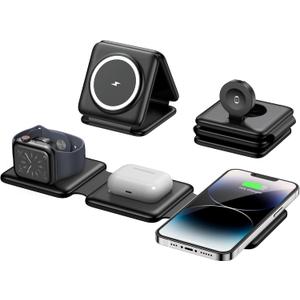 Magnetic Wireless Charger for iPhone: Fodable 3 in 1 Charging Station for Multiple Apple Devices - Travel Charging Pad Dock for Apple Watch iPhone 16 15 14 13 12 Pro Max Plus & Airpod (Dark black)