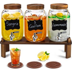 3 Pcs Glass Drink Dispenser for Parties, 1 Gallon Beverage Dispenser with Stand, Lid, Label, Pen, Rubber Mats and Stainless Steel Spigot for Lemonade, Juice, Tea, and Party Drinks